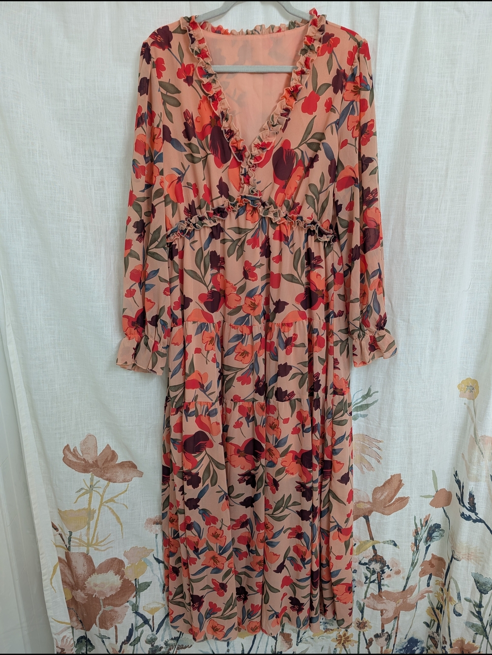 Women's Floral Ruffle V-Neck Maxi Dress - Peach Pink - Size XL